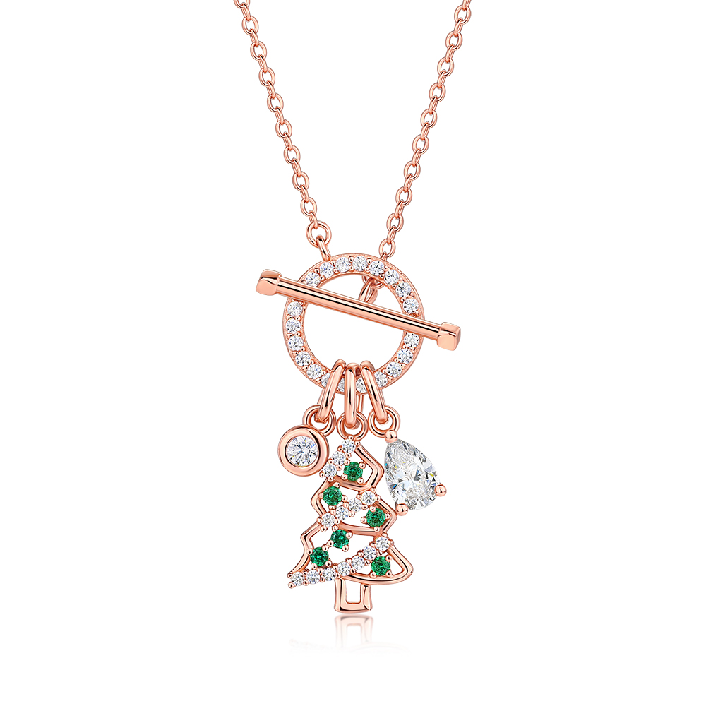 Pear Cut Diamond White Rose Gold Sterling Silver Christmas Tree Toggle Necklace