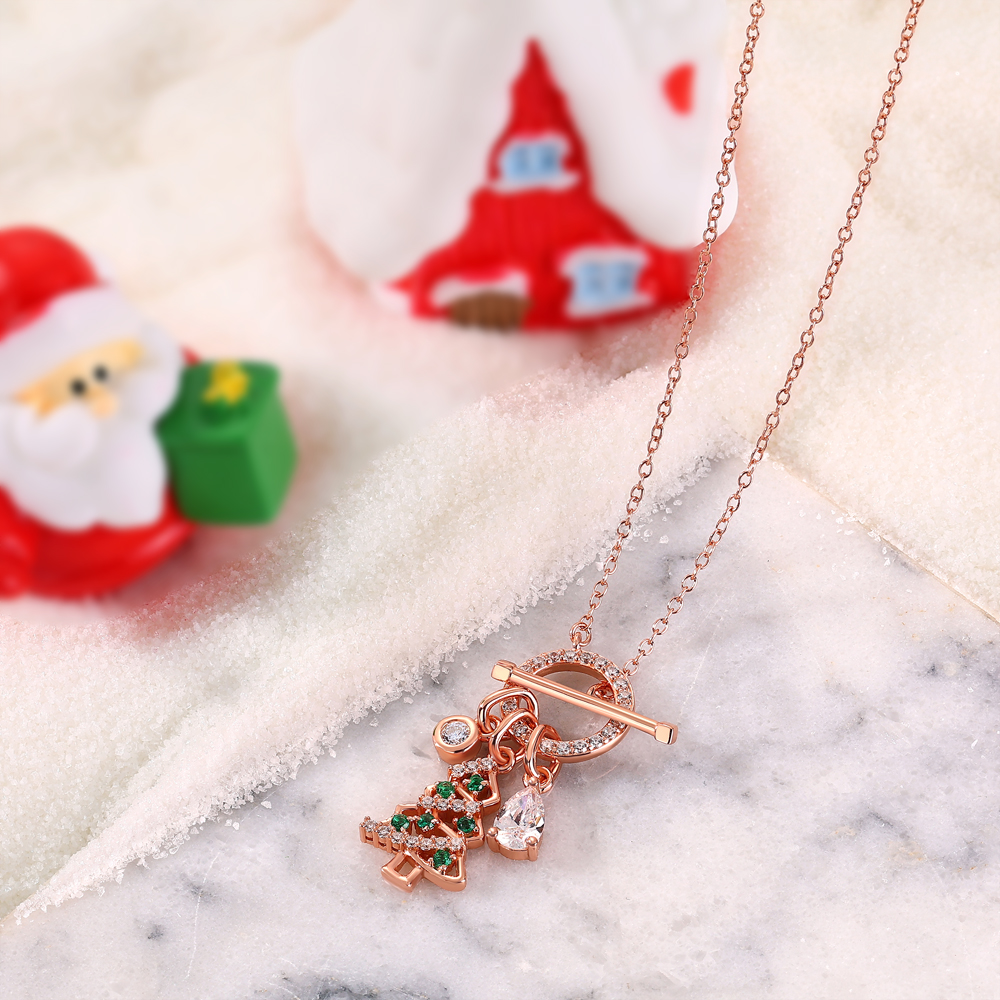 Pear Cut Diamond White Rose Gold Sterling Silver Christmas Tree Toggle Necklace