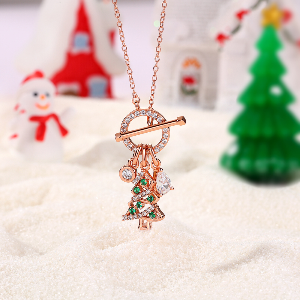 Pear Cut Diamond White Rose Gold Sterling Silver Christmas Tree Toggle Necklace