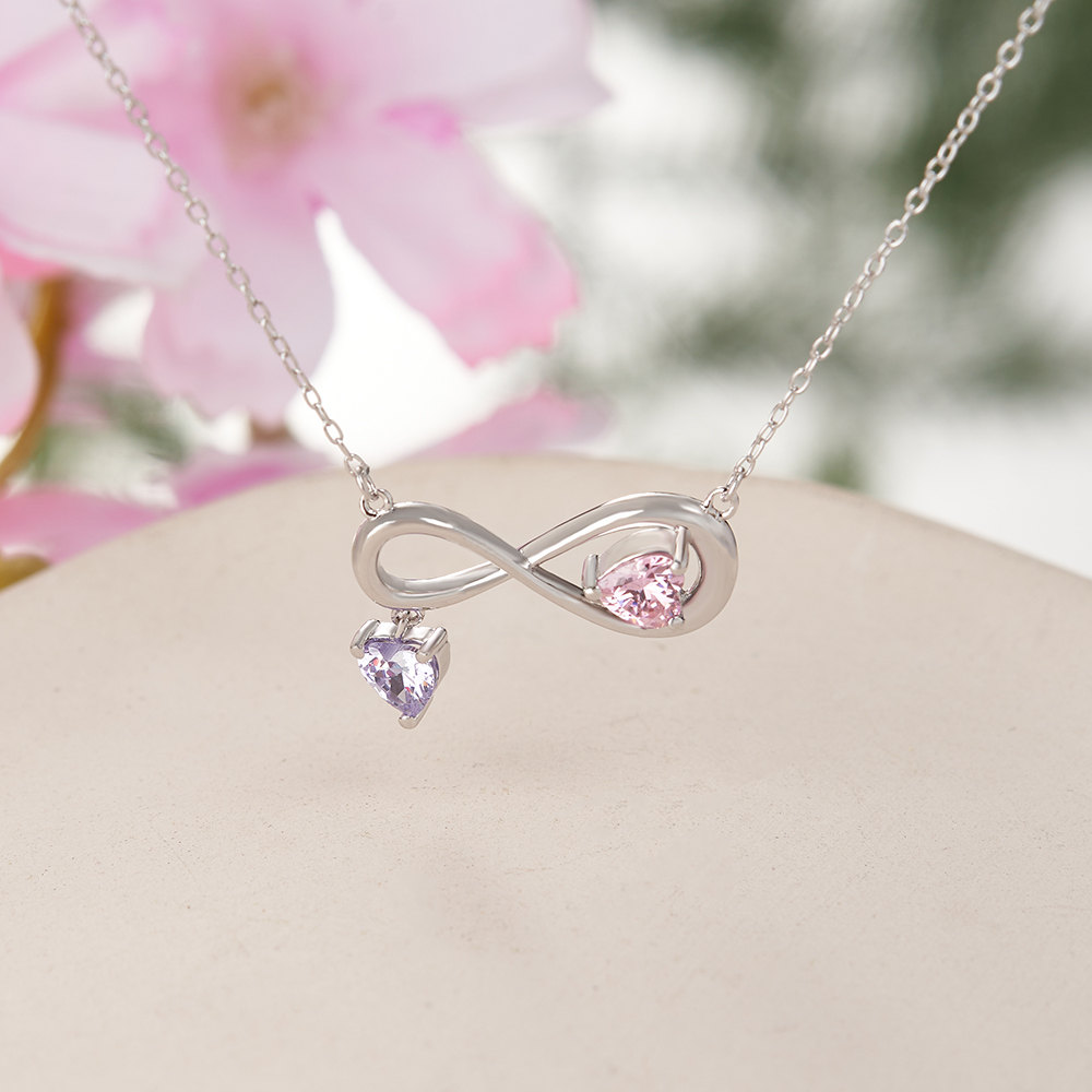 Heart Cut Personalized Two Birthstone Sterling Silver Infinity Necklace