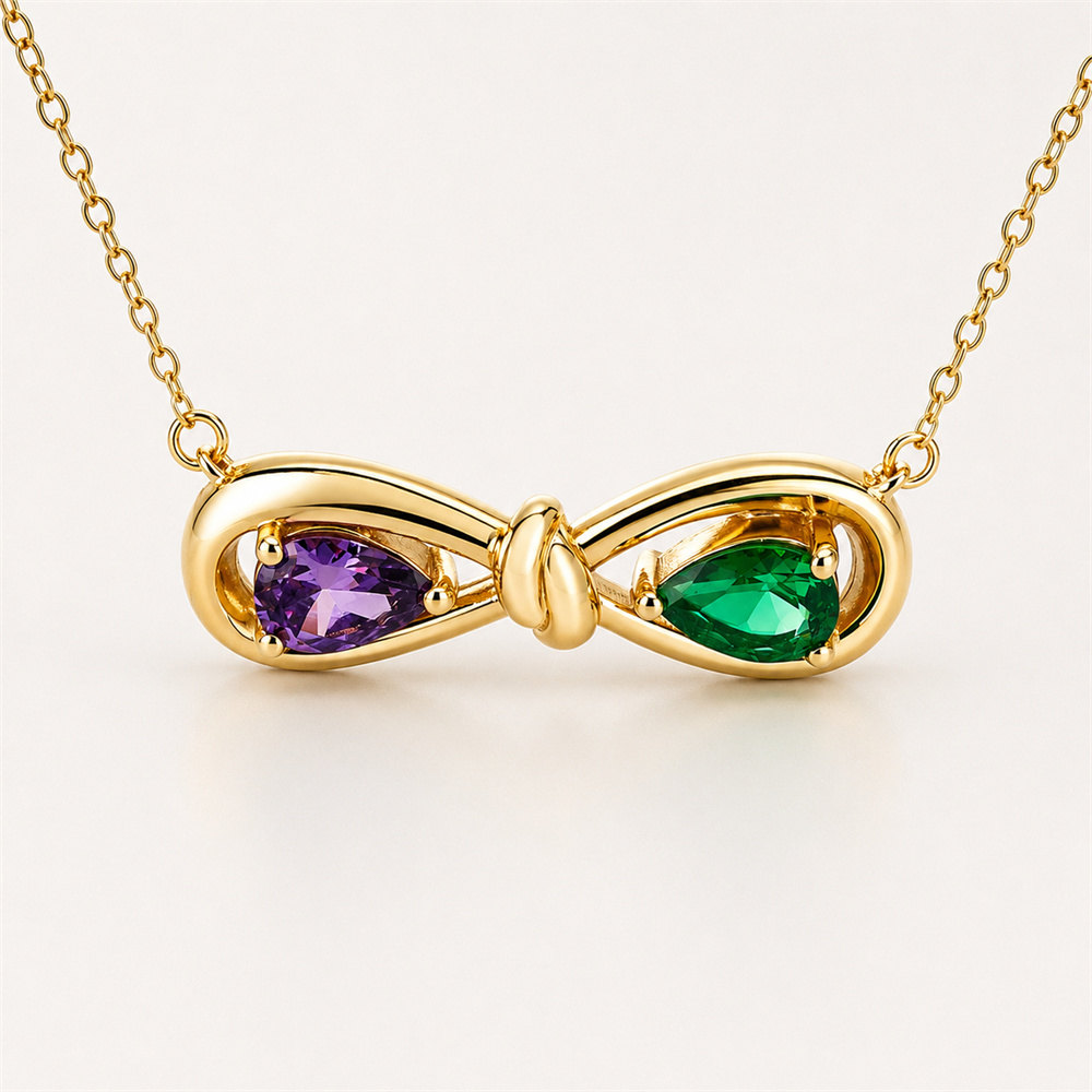 Pear Cut Personalized Two Birthstone Sterling Silver Yellow Gold Infinity Knot Necklace