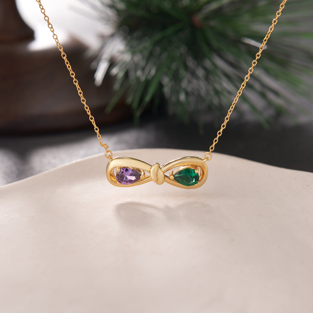 Pear Cut Personalized Two Birthstone Sterling Silver Yellow Gold Infinity Knot Necklace