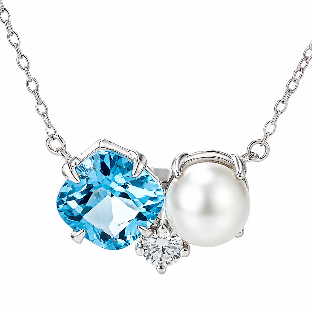 Cushion Cut Personalized Birthstone Sterling Silver Pearl Necklace