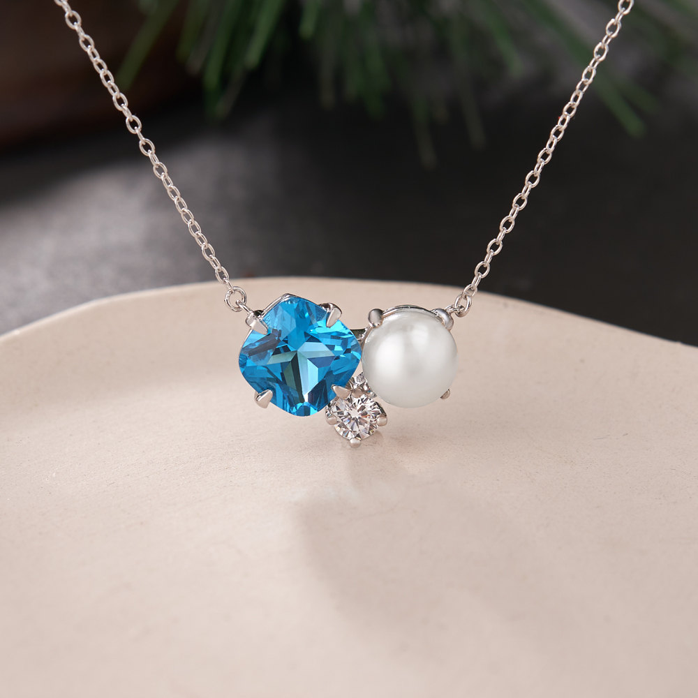 Cushion Cut Personalized Birthstone Sterling Silver Pearl Necklace