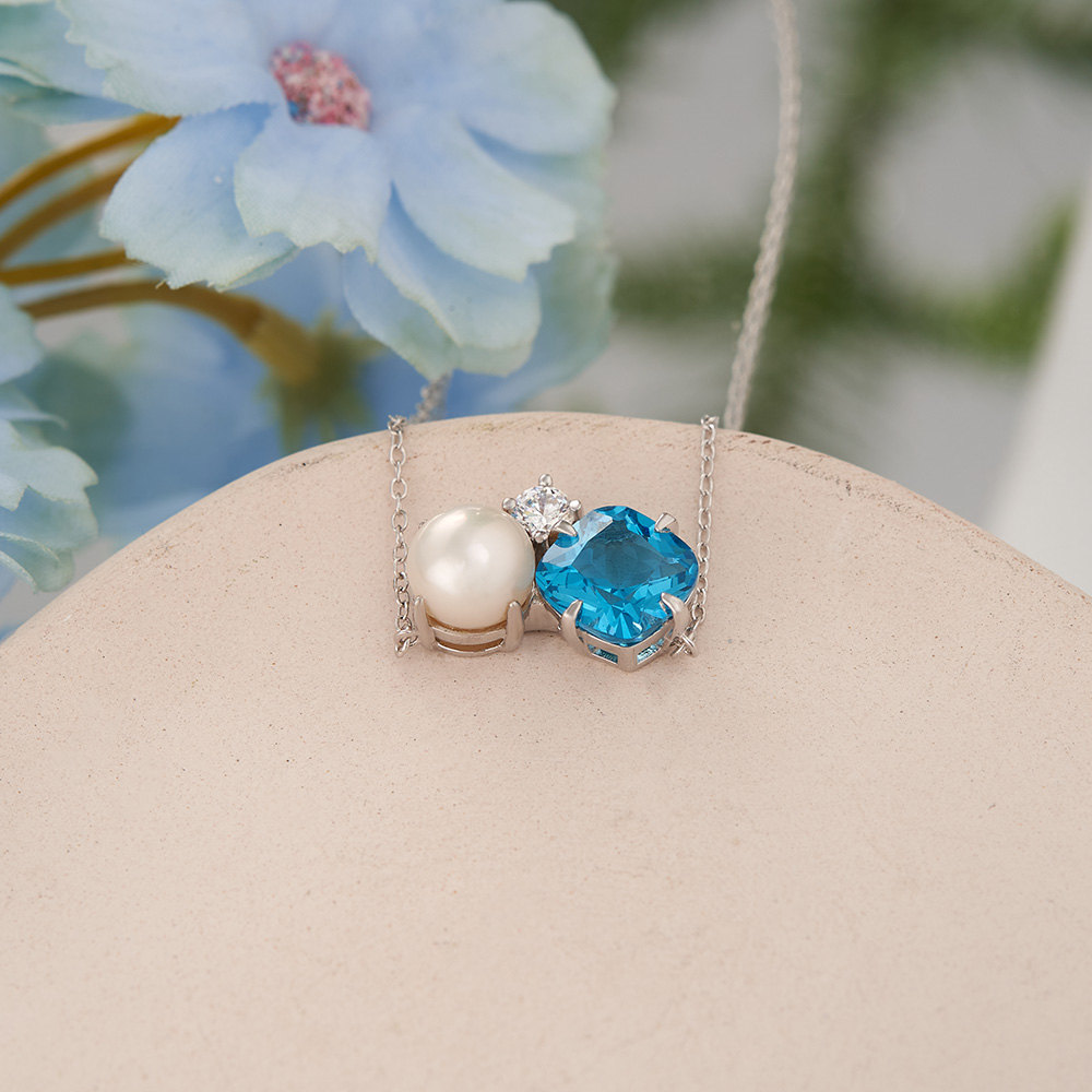 Cushion Cut Personalized Birthstone Sterling Silver Pearl Necklace