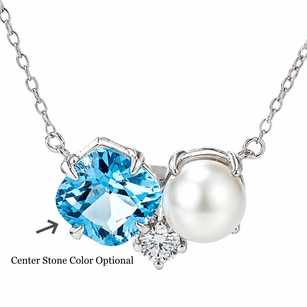 Cushion Cut Personalized Birthstone Sterling Silver Pearl Necklace