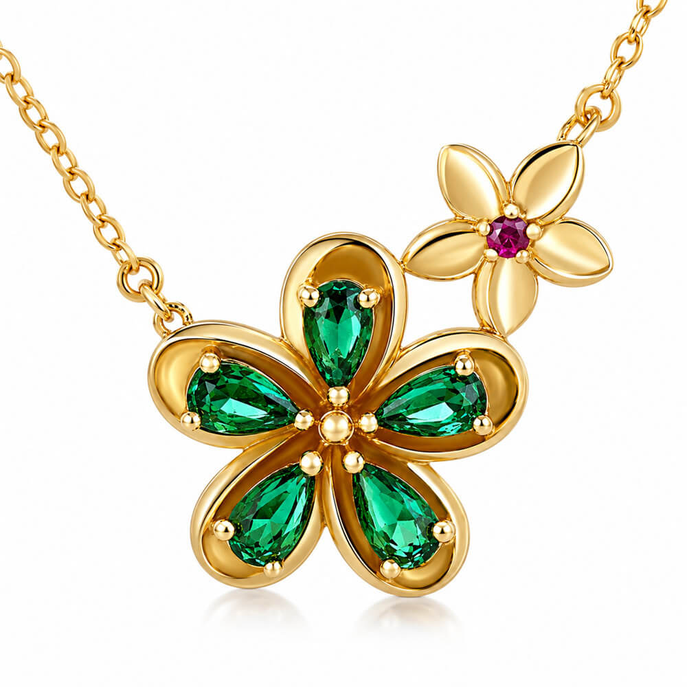 Pear Cut Emerald Green 925 Sterling Silver Yelow Gold Floral Necklace Gift for Her