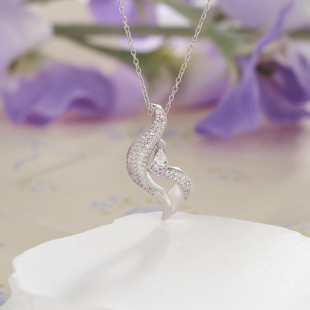 Fluid Grace Fancy Pink Accents and Floating Pear Cut Gem 925 Sterling Silver Pendant Necklace