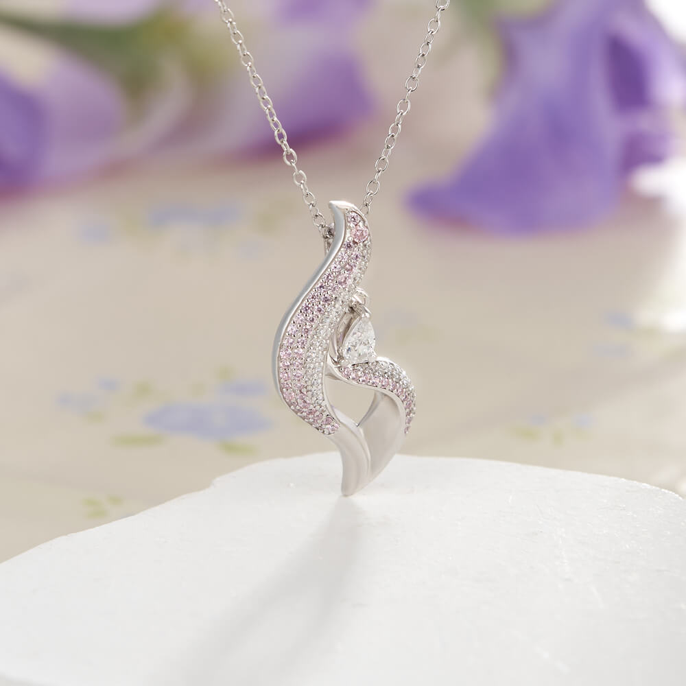 Fluid Grace Fancy Pink Accents and Floating Pear Cut Gem 925 Sterling Silver Pendant Necklace