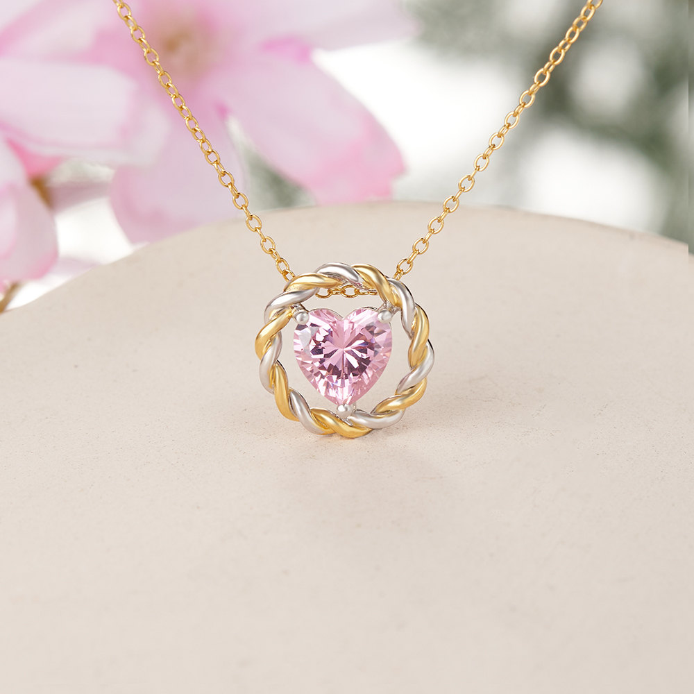 Heart Cut Fancy Pink Sterling Silver Yelow Gold Two-Tone Woven Circle Necklace 