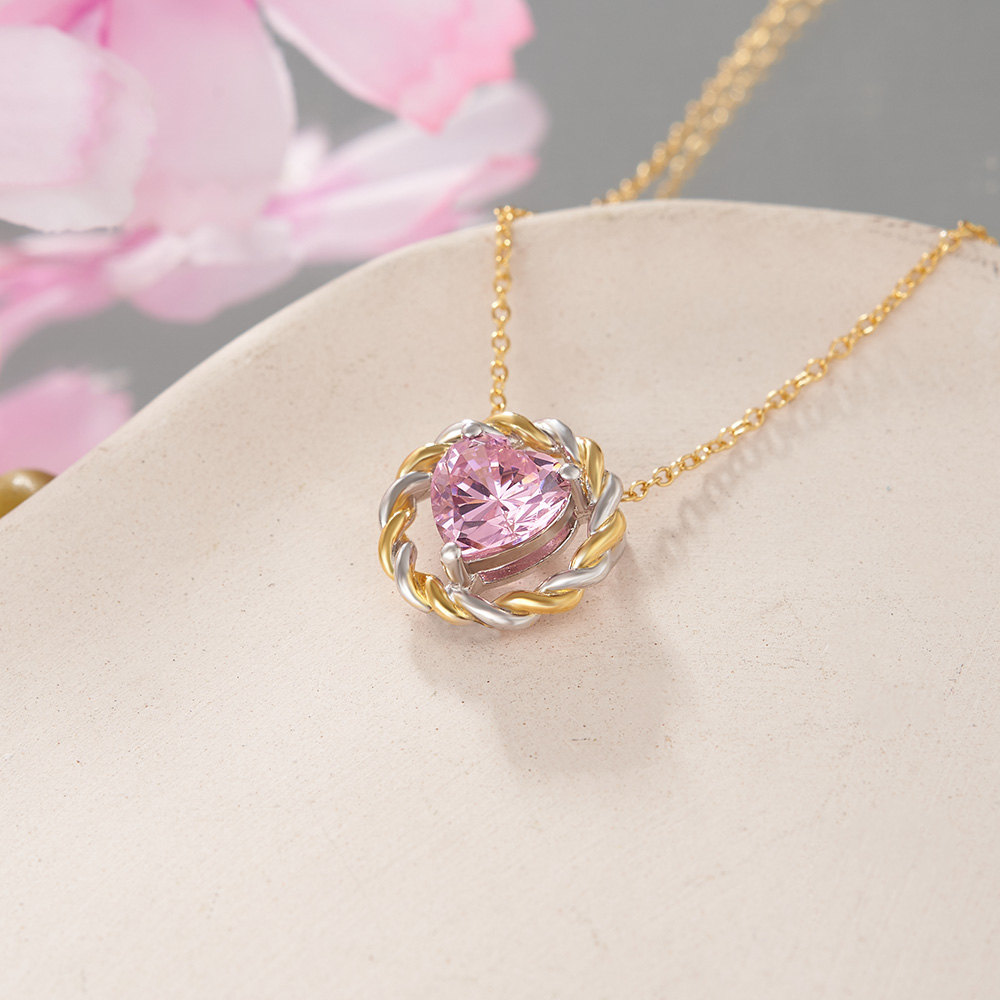 Heart Cut Fancy Pink Sterling Silver Yelow Gold Two-Tone Woven Circle Necklace 