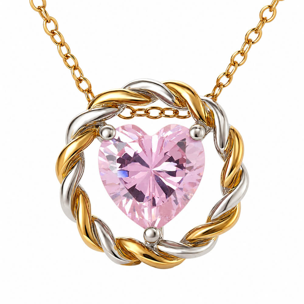 Heart Cut Fancy Pink Sterling Silver Yelow Gold Two-Tone Woven Circle Necklace 