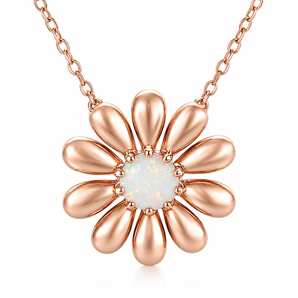 Round Cut Opal 925 Sterling Silver Rose Gold Daisy Necklace
