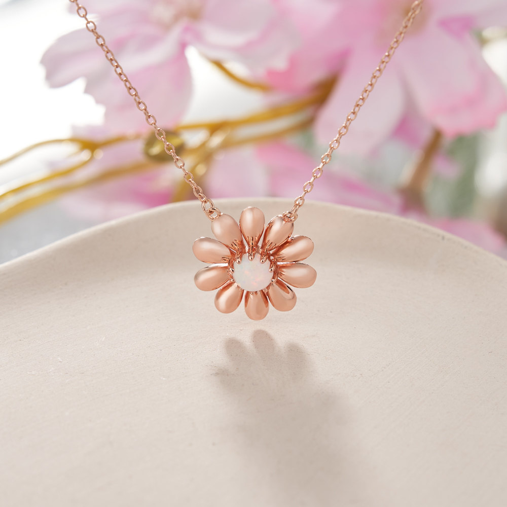 Round Cut Opal 925 Sterling Silver Rose Gold Daisy Necklace