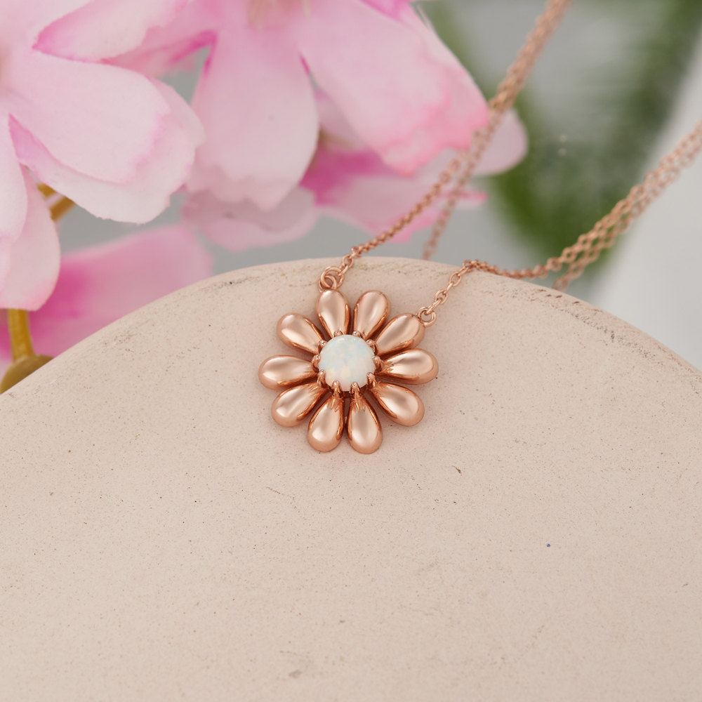 Round Cut Opal 925 Sterling Silver Rose Gold Daisy Necklace