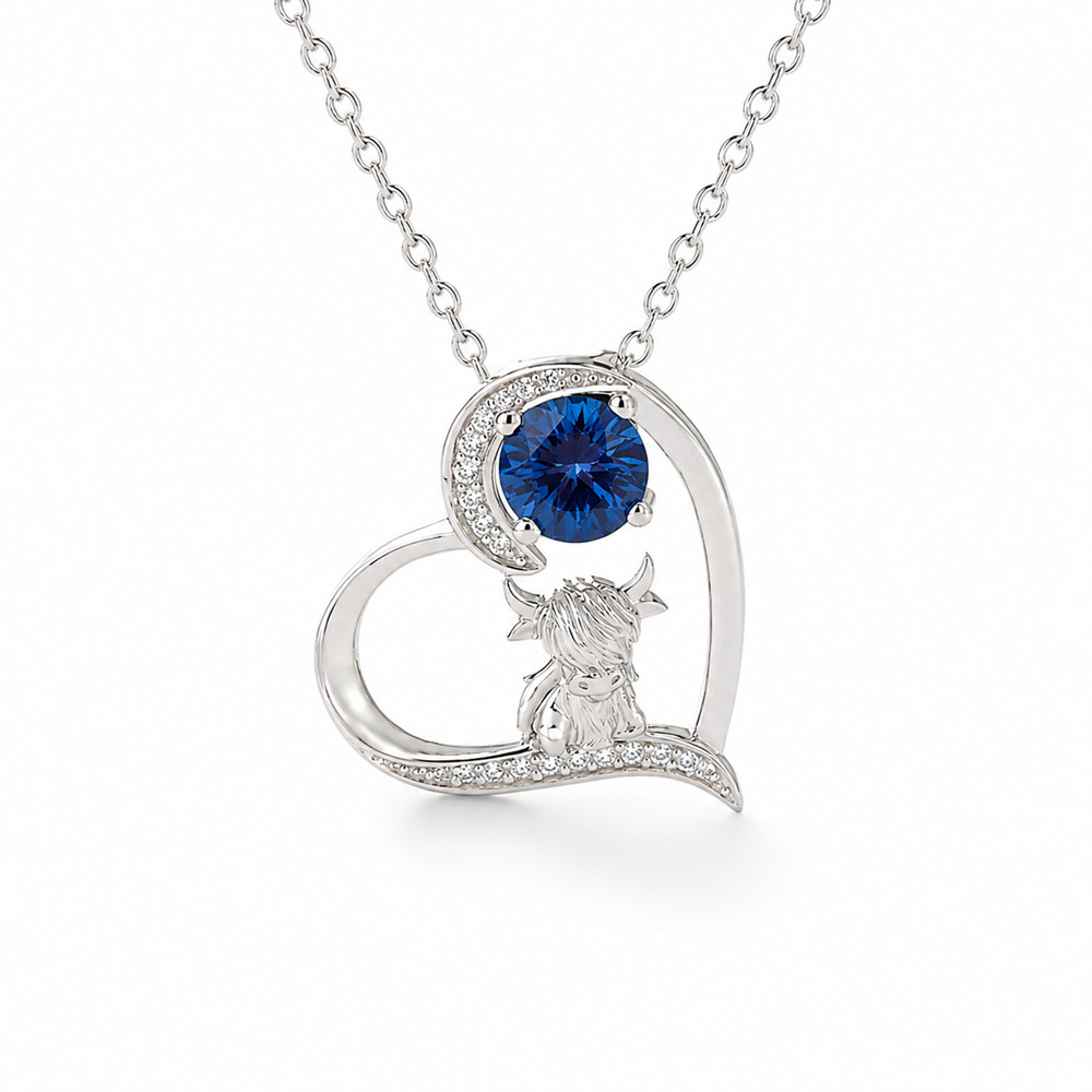 Round Cut Personalized Birthstone Sterling Silver Highland Cow Heart Necklace