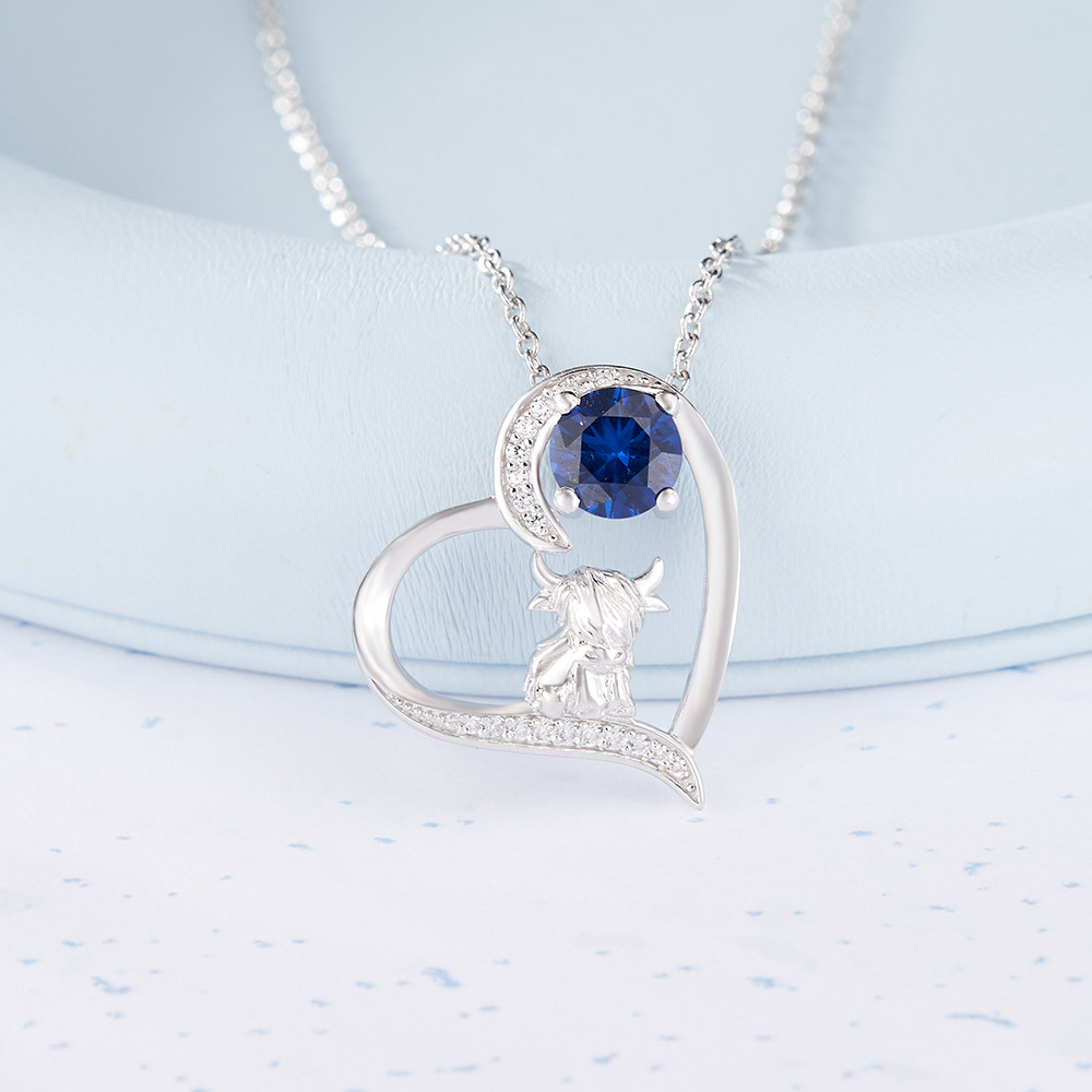 Round Cut Personalized Birthstone Sterling Silver Highland Cow Heart Necklace