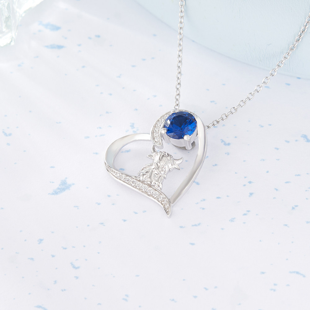 Round Cut Personalized Birthstone Sterling Silver Highland Cow Heart Necklace