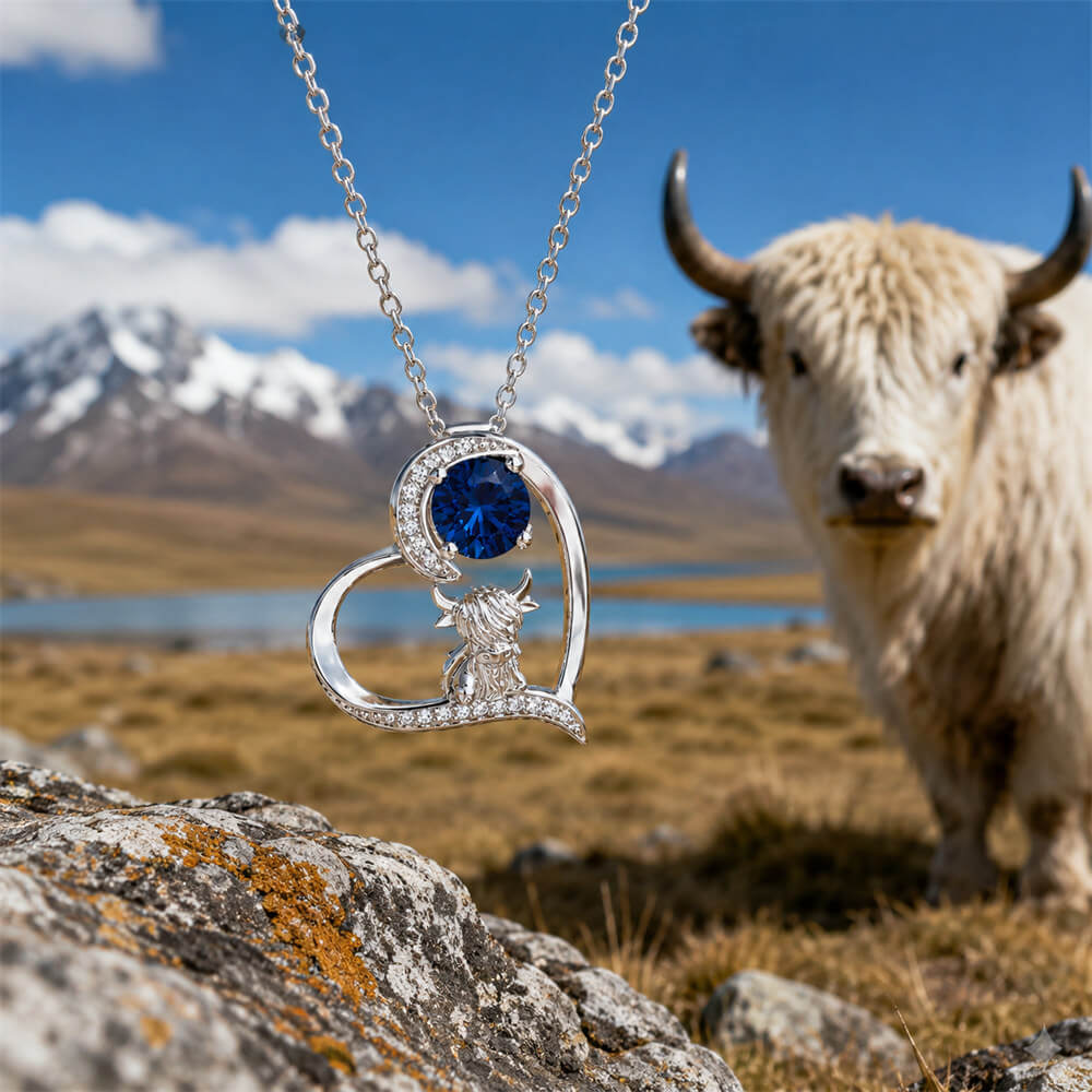 Round Cut Personalized Birthstone Sterling Silver Highland Cow Heart Necklace