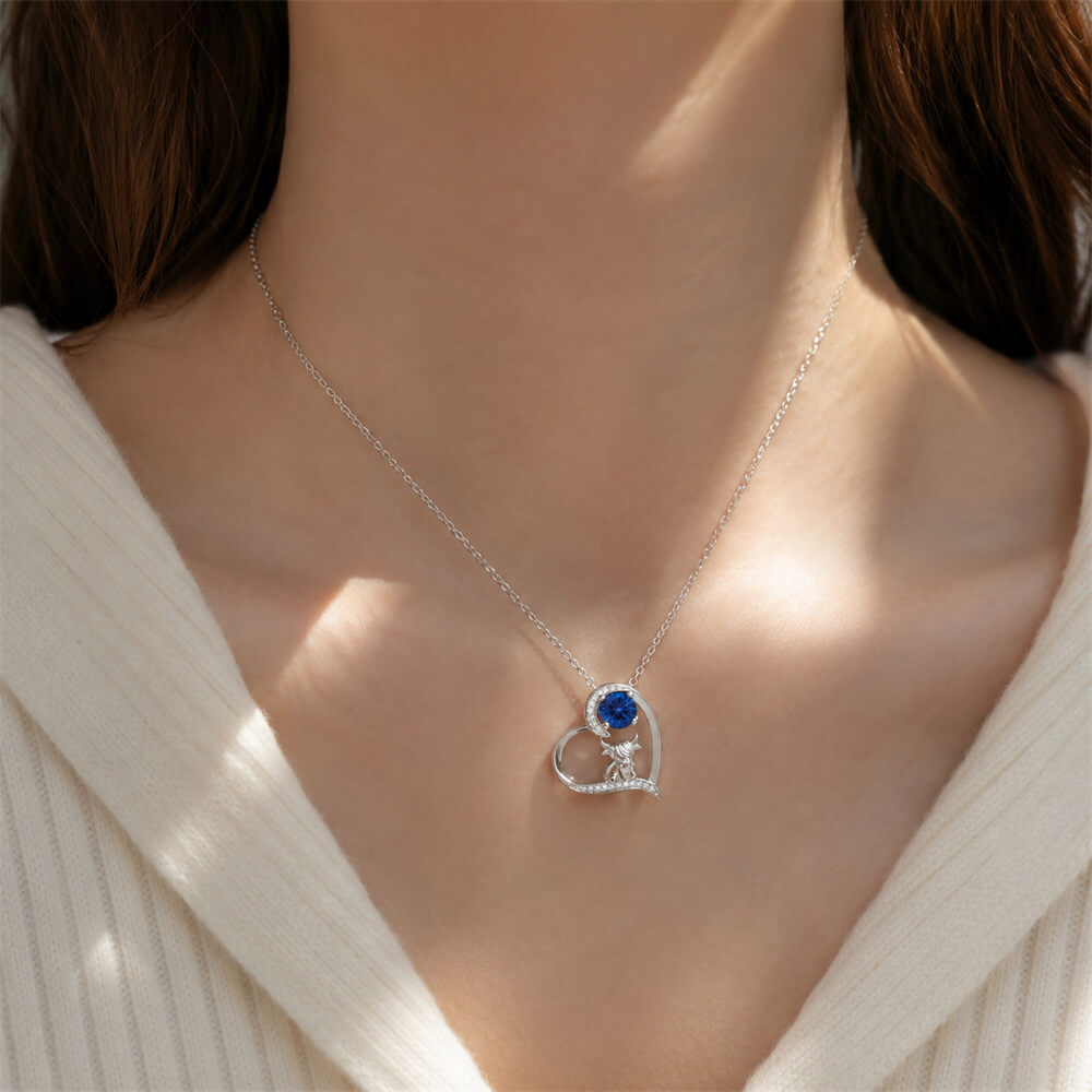 Round Cut Personalized Birthstone Sterling Silver Highland Cow Heart Necklace