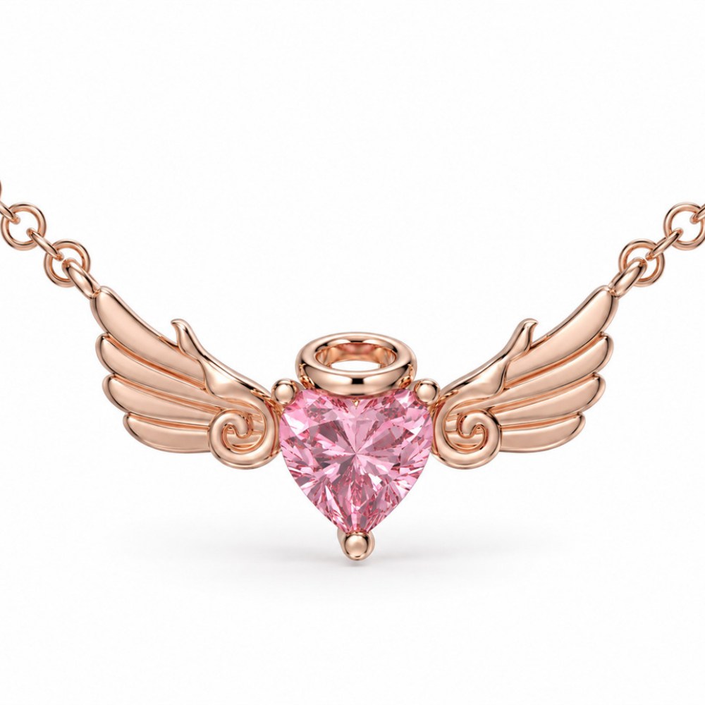 Heart Cut Fancy Pink Sterling Silver Angel Wings Necklace