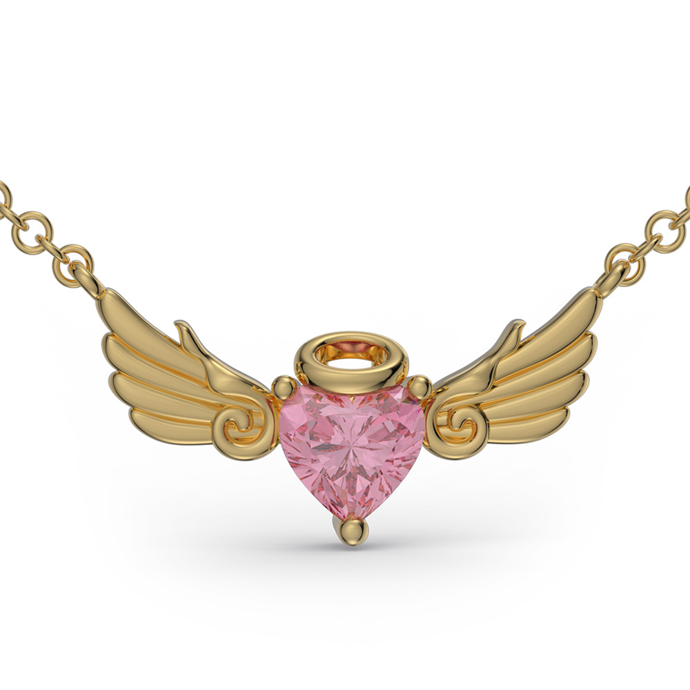 Heart Cut Fancy Pink Sterling Silver Angel Wings Necklace