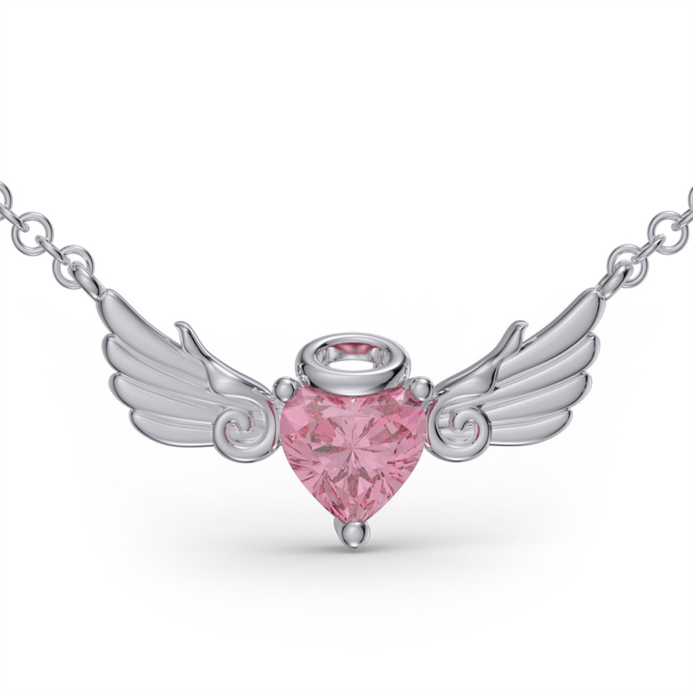 Heart Cut Fancy Pink Sterling Silver Angel Wings Necklace