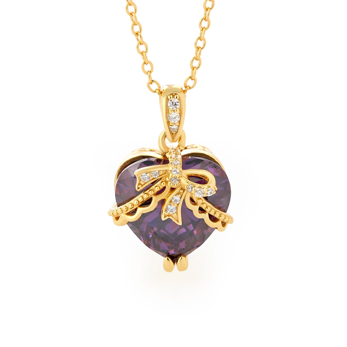 Heart Cut Amethyst Purple Yellow Gold Sterling Silver Bow Necklace