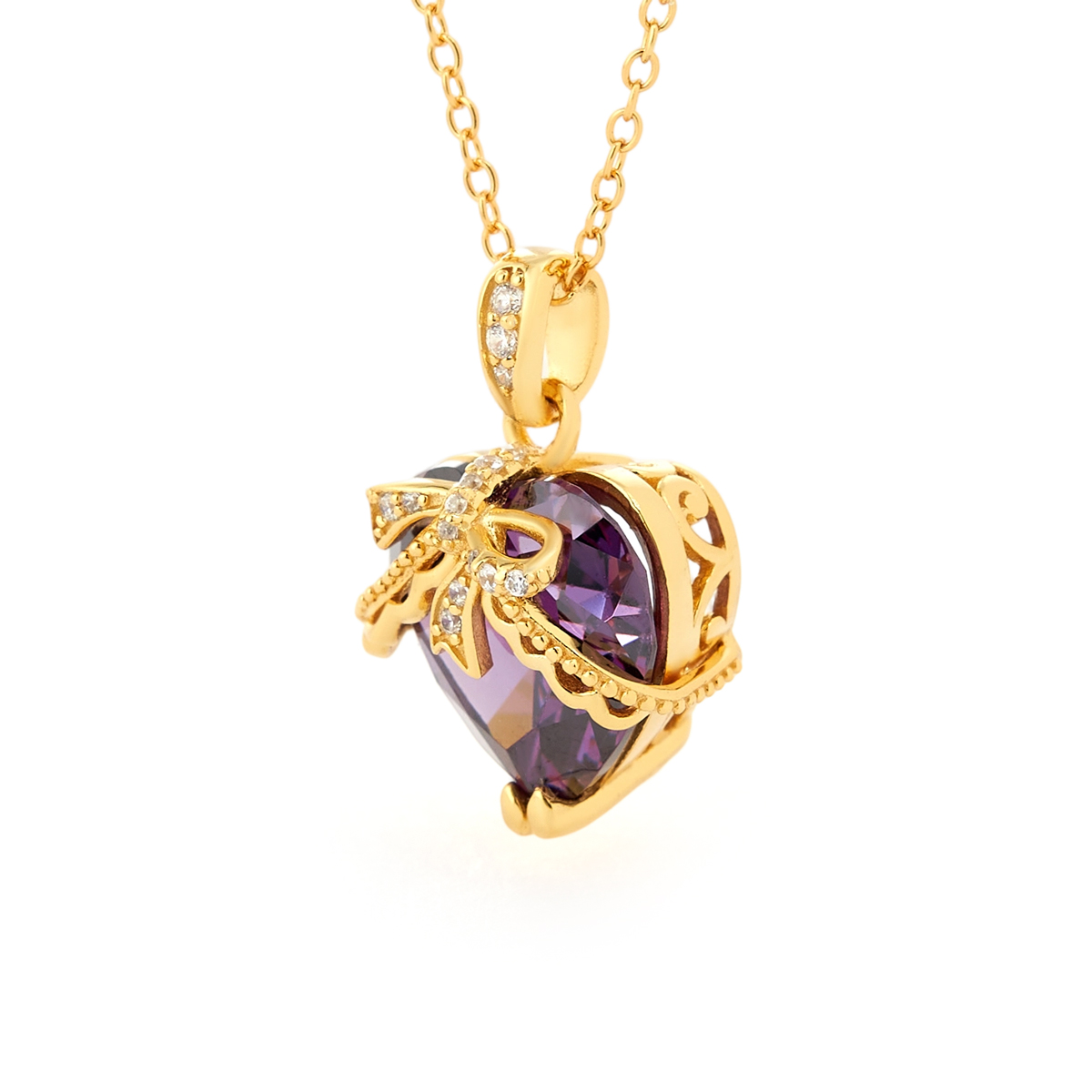 Heart Cut Amethyst Purple Yellow Gold Sterling Silver Bow Necklace