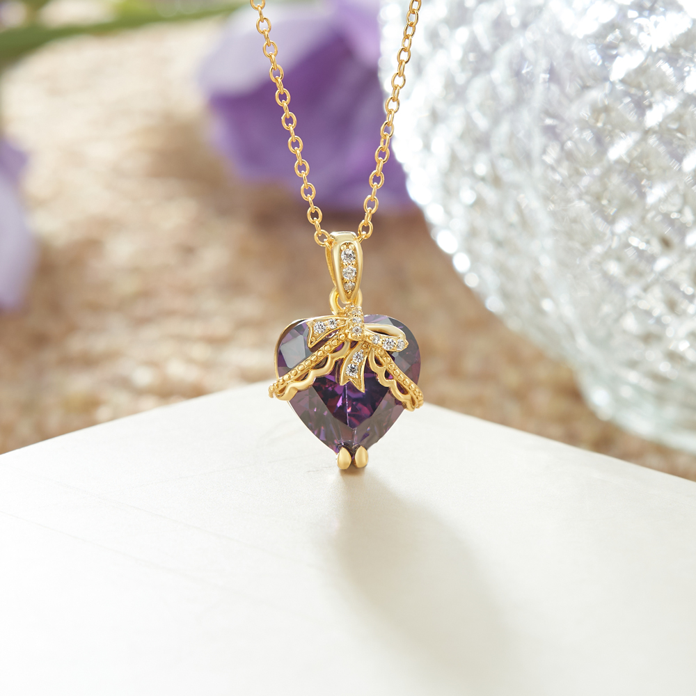 Heart Cut Amethyst Purple Yellow Gold Sterling Silver Bow Necklace