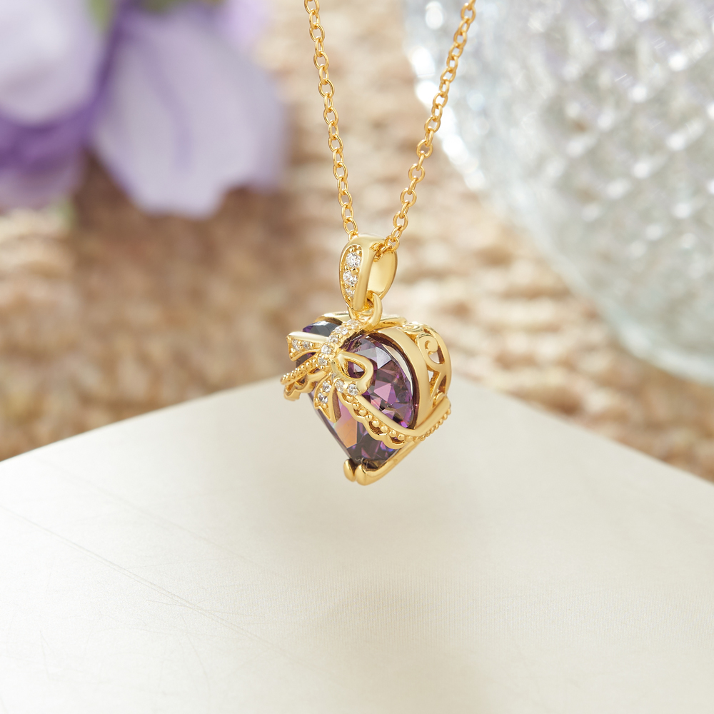 Heart Cut Amethyst Purple Yellow Gold Sterling Silver Bow Necklace