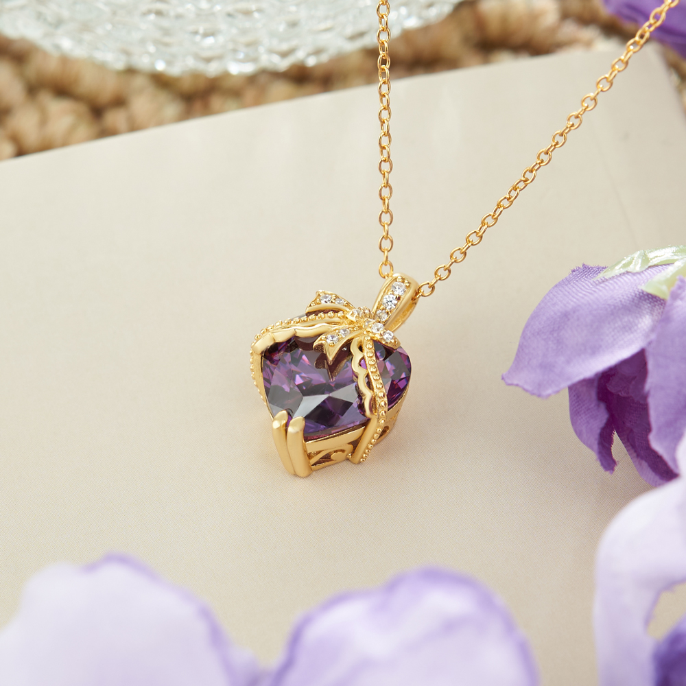 Heart Cut Amethyst Purple Yellow Gold Sterling Silver Bow Necklace