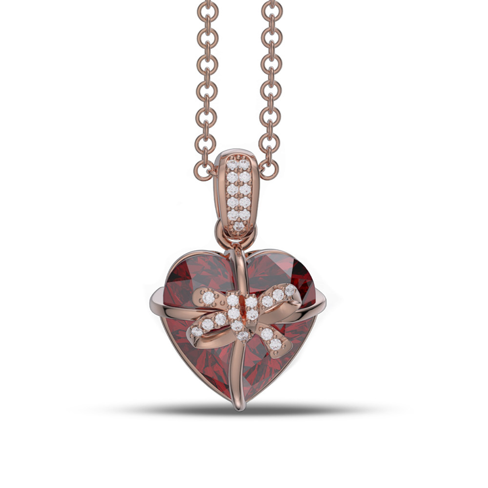 Heart Cut Ruby Red Sterling Silver Bow Knot Heart Pendant Necklace