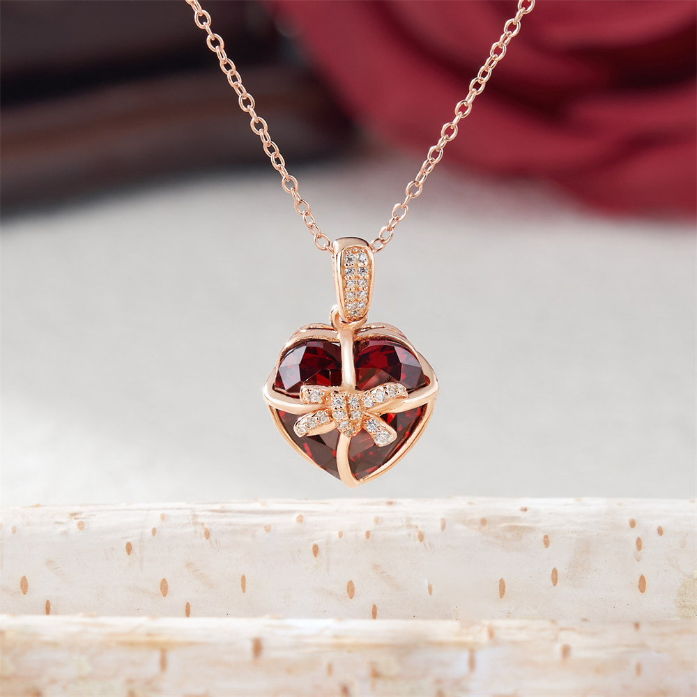 Heart Cut Ruby Red Sterling Silver Bow Knot Heart Pendant Necklace