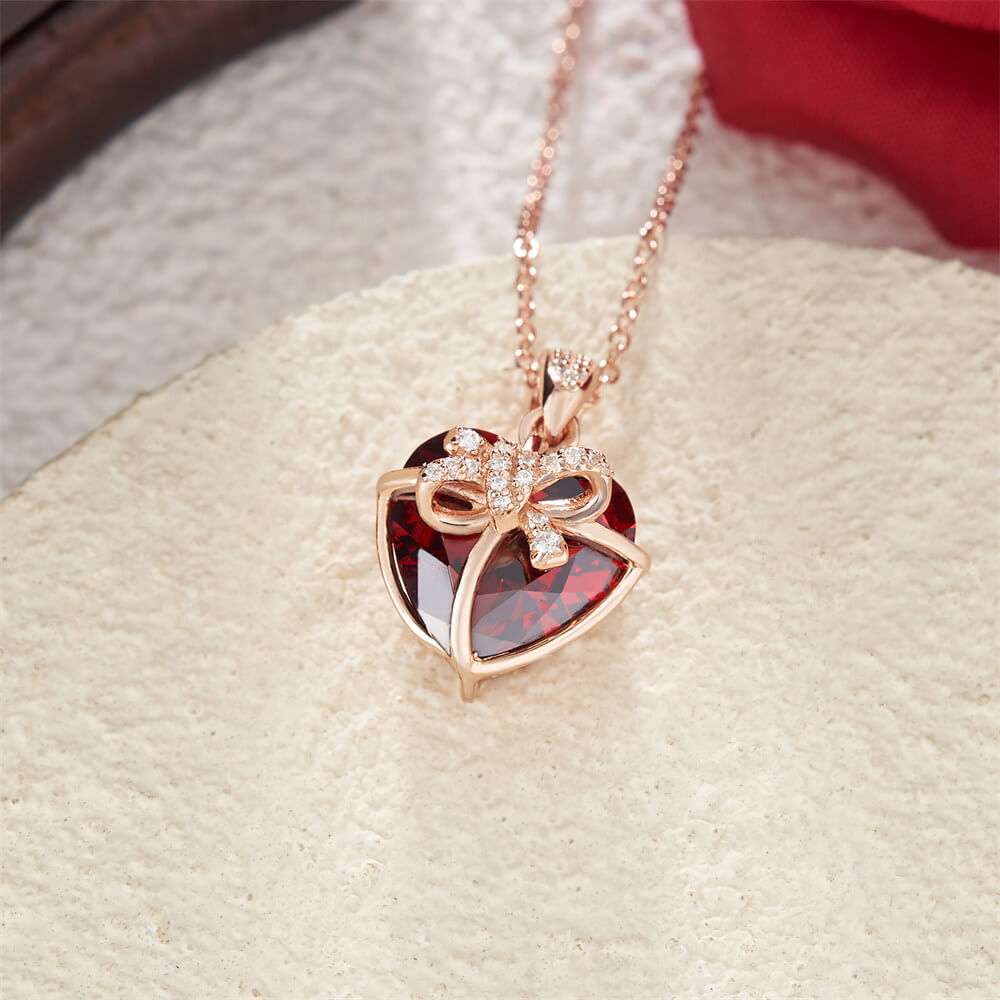 Heart Cut Ruby Red Sterling Silver Bow Knot Heart Pendant Necklace