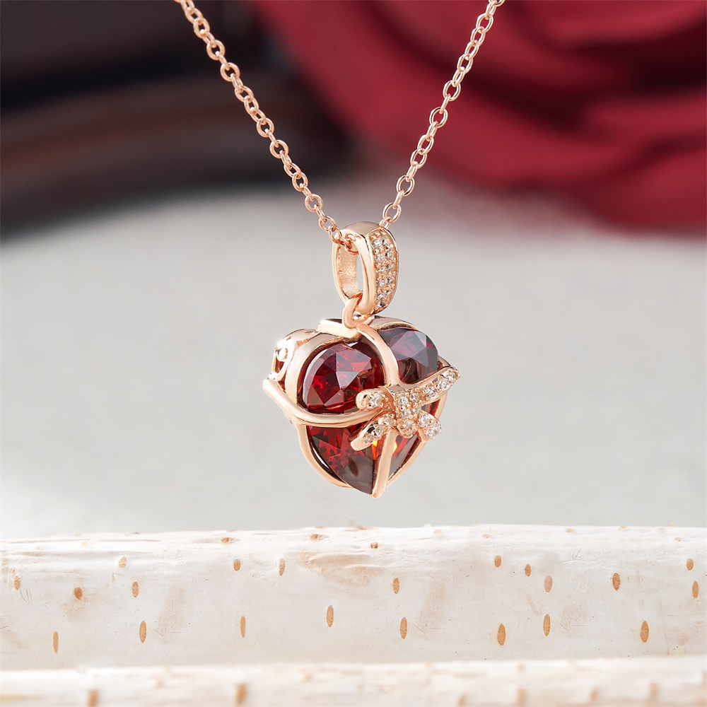 Heart Cut Ruby Red Sterling Silver Bow Knot Heart Pendant Necklace