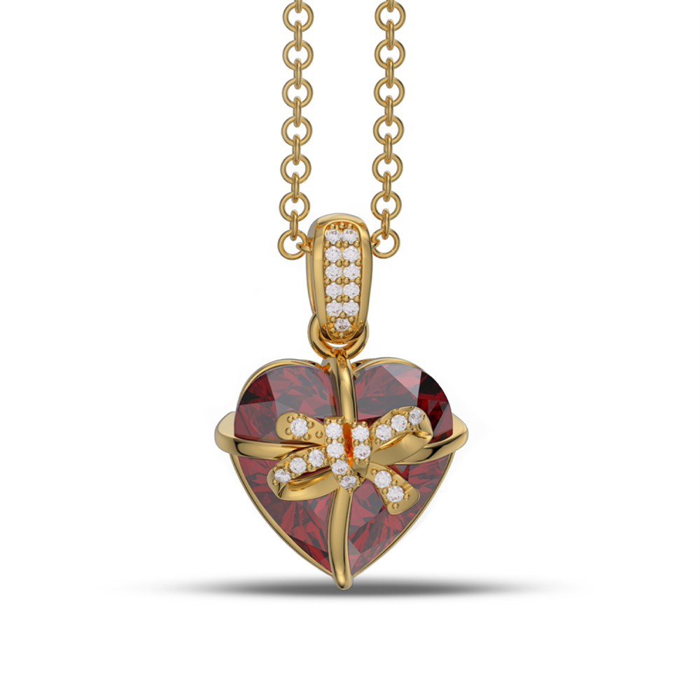 Heart Cut Ruby Red Sterling Silver Bow Knot Heart Pendant Necklace