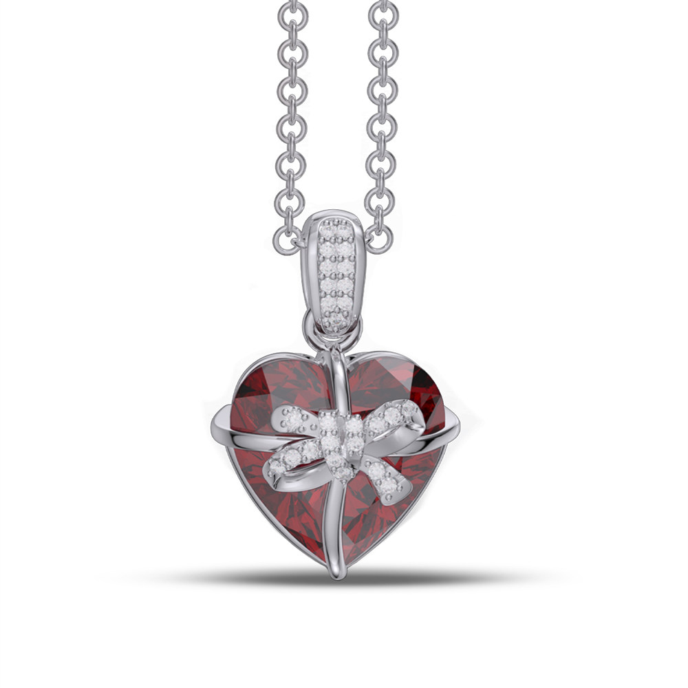 Heart Cut Ruby Red Sterling Silver Bow Knot Heart Pendant Necklace