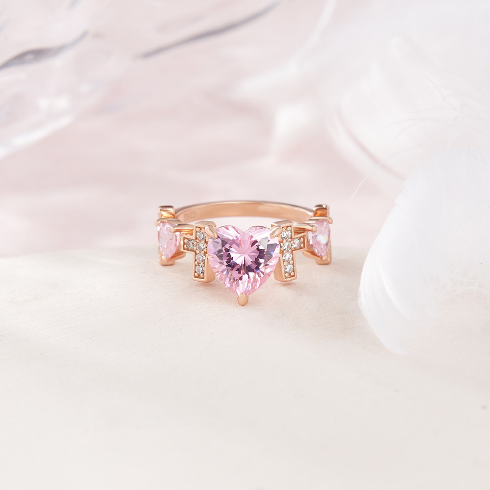 Heart Cut Fancy Pink 925 Sterling Silver 3-Stone Cross Promise Ring for Her