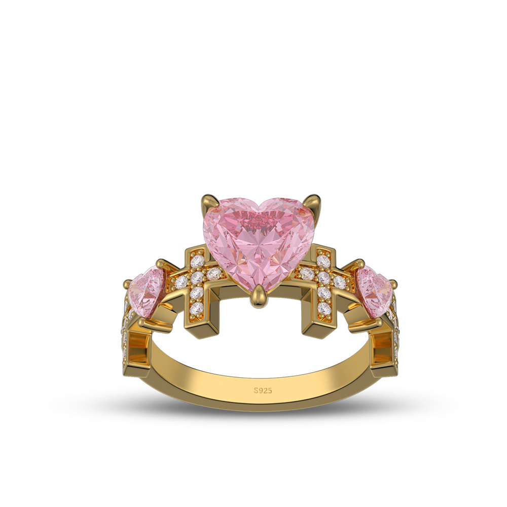 Heart Cut Fancy Pink 925 Sterling Silver 3-Stone Cross Promise Ring for Her