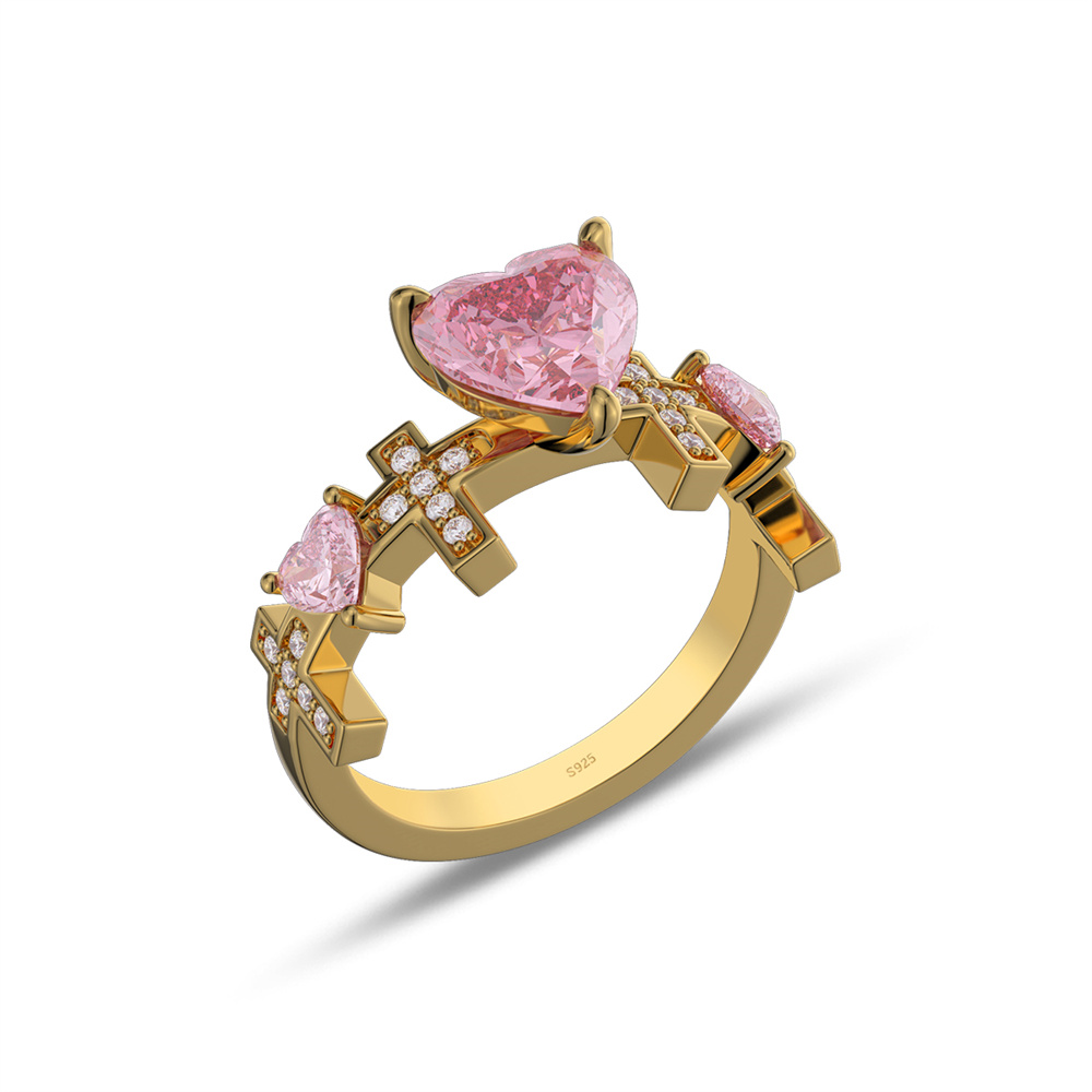 Heart Cut Fancy Pink 925 Sterling Silver 3-Stone Cross Promise Ring for Her