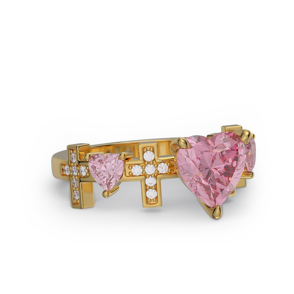 Heart Cut Fancy Pink 925 Sterling Silver 3-Stone Cross Promise Ring for Her