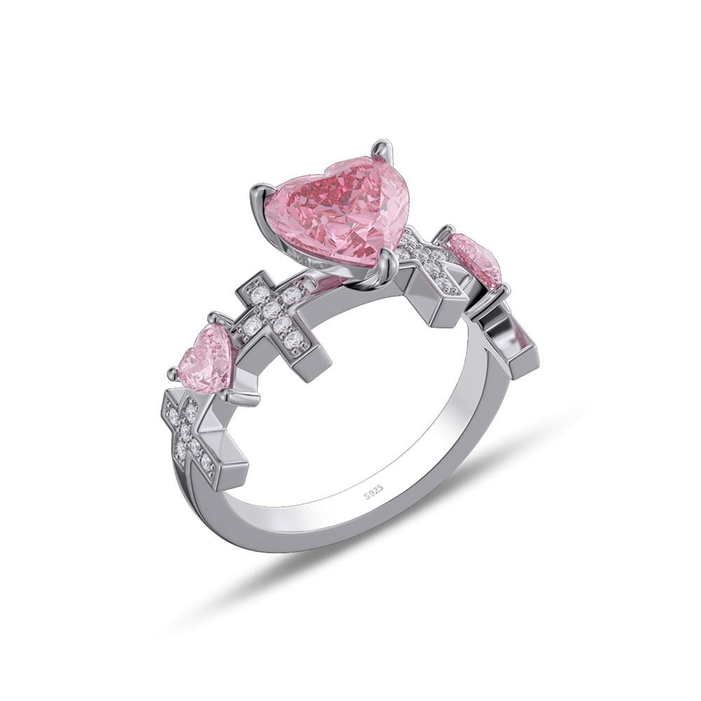 Heart Cut Fancy Pink 925 Sterling Silver 3-Stone Cross Promise Ring for Her