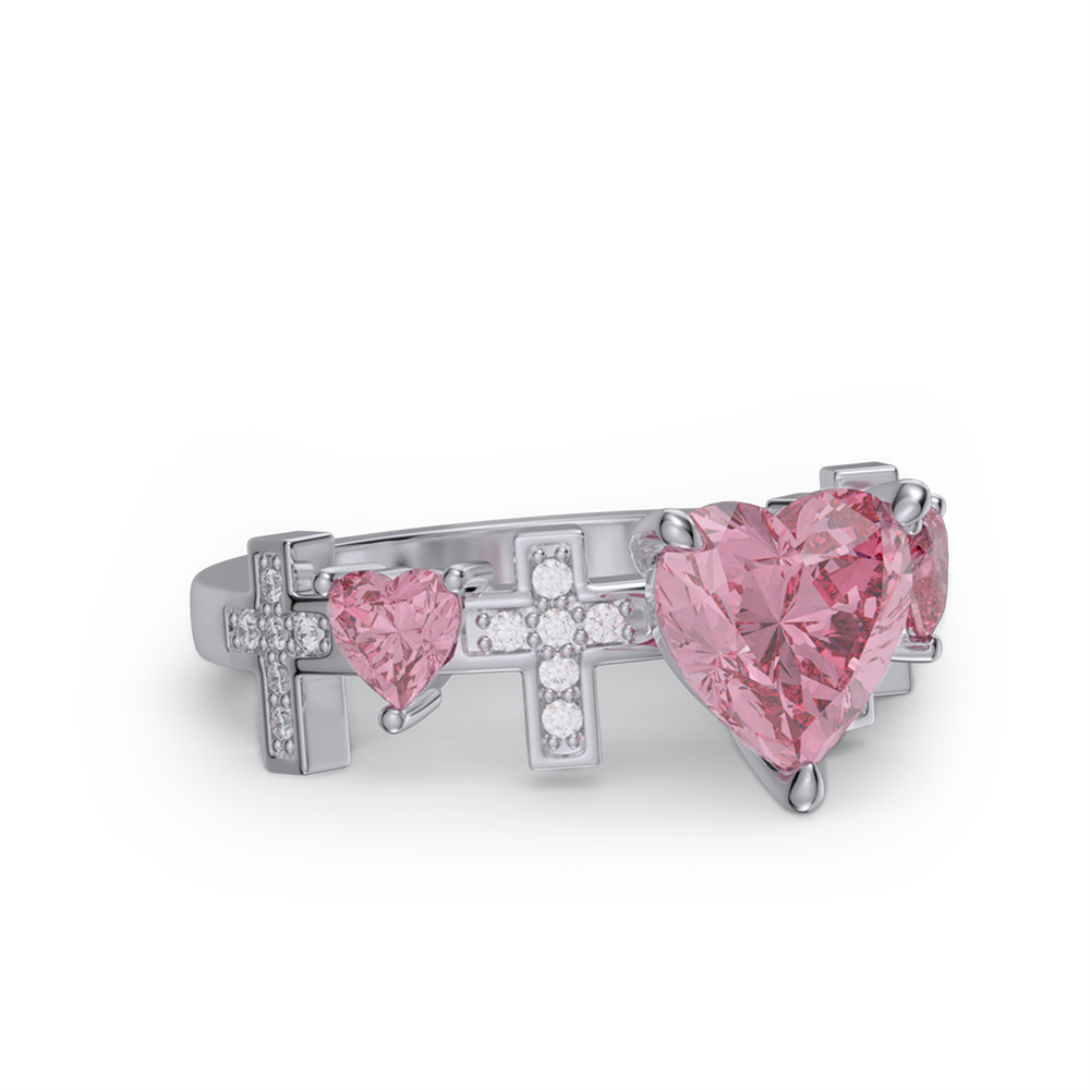 Heart Cut Fancy Pink 925 Sterling Silver 3-Stone Cross Promise Ring for Her