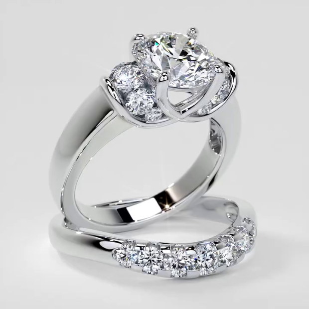 Round Cut Diamond White Art Deco 925 Sterling Silver Ring Set