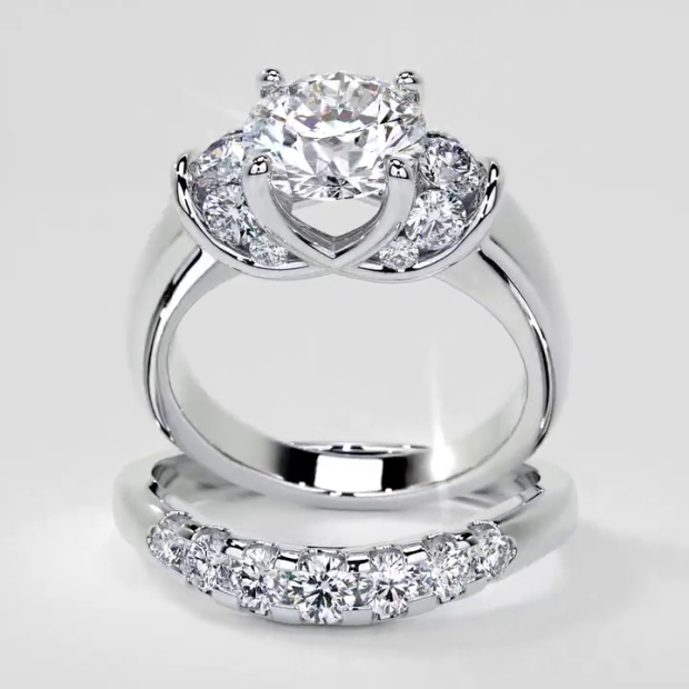 Round Cut Diamond White Art Deco 925 Sterling Silver Ring Set