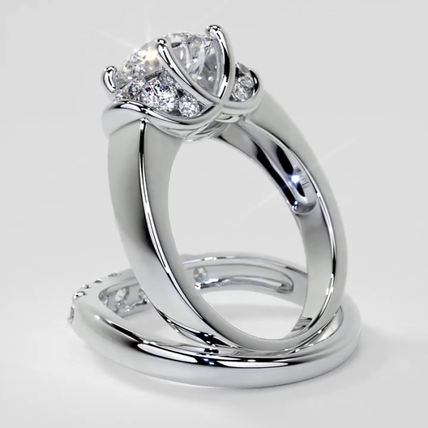 Round Cut Diamond White Art Deco 925 Sterling Silver Ring Set