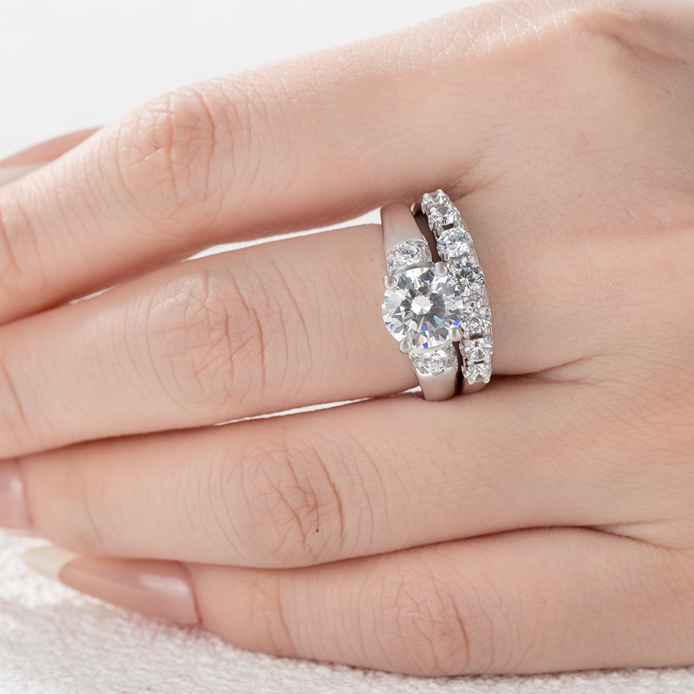 Round Cut Diamond White Art Deco 925 Sterling Silver Ring Set