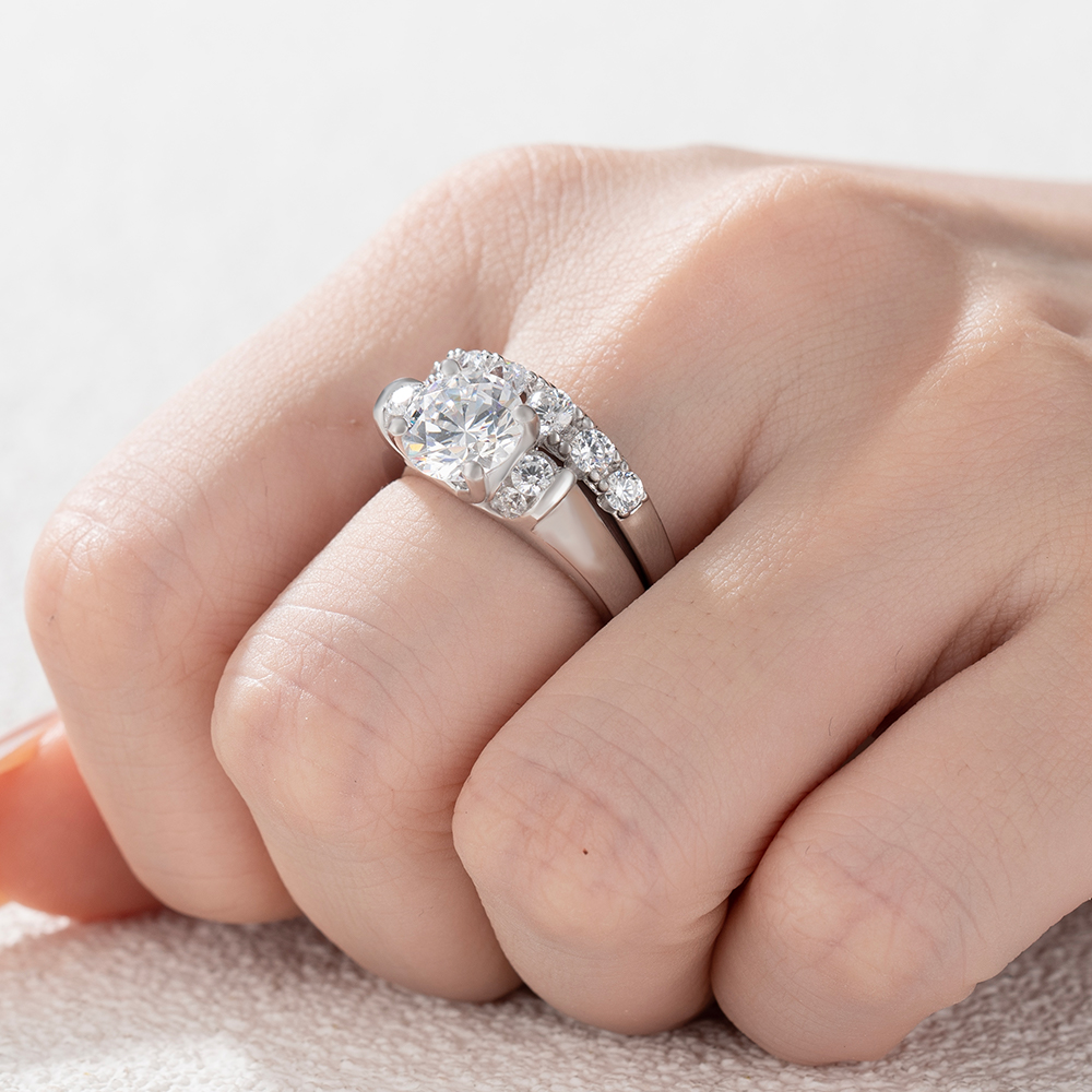 Round Cut Diamond White Art Deco 925 Sterling Silver Ring Set