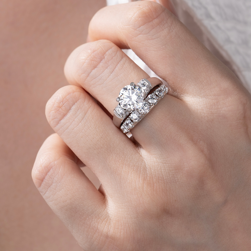 Round Cut Diamond White Art Deco 925 Sterling Silver Ring Set